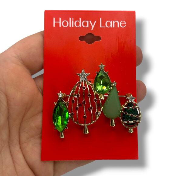 NEW Holiday Lane Christmas Tree Brooch Green Gold Abstract Winter Lapel Pin NWT - Picture 1 of 8
